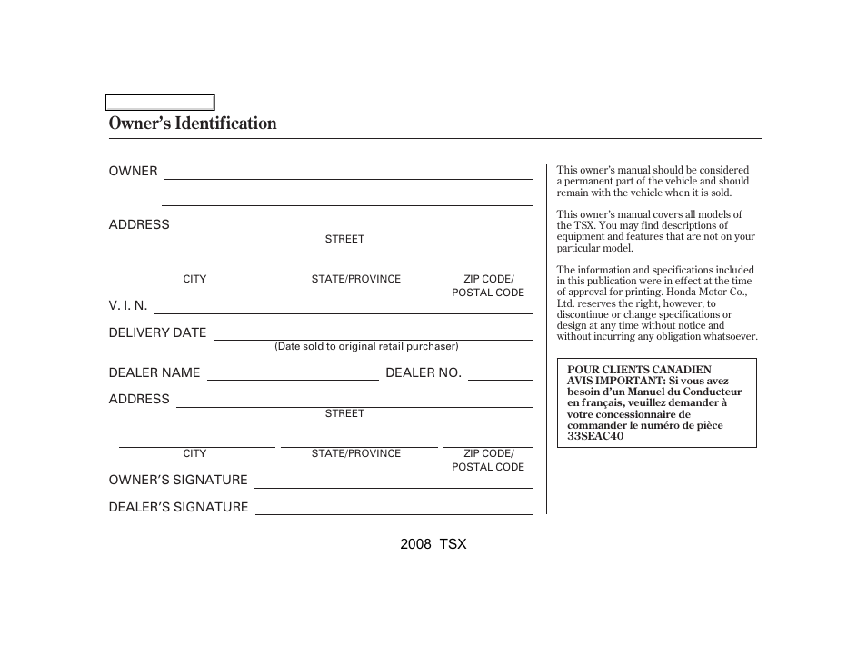 Owner’s identification | Acura 2008 TSX - Owner's Manual User Manual | Page 388 / 388