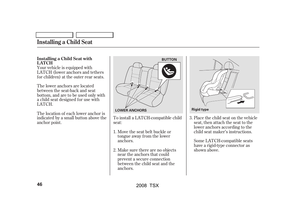 Installing a child seat | Acura 2008 TSX - Owner's Manual User Manual | Page 49 / 388