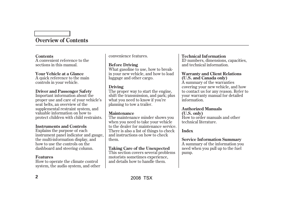 Overview of contents | Acura 2008 TSX - Owner's Manual User Manual | Page 5 / 388