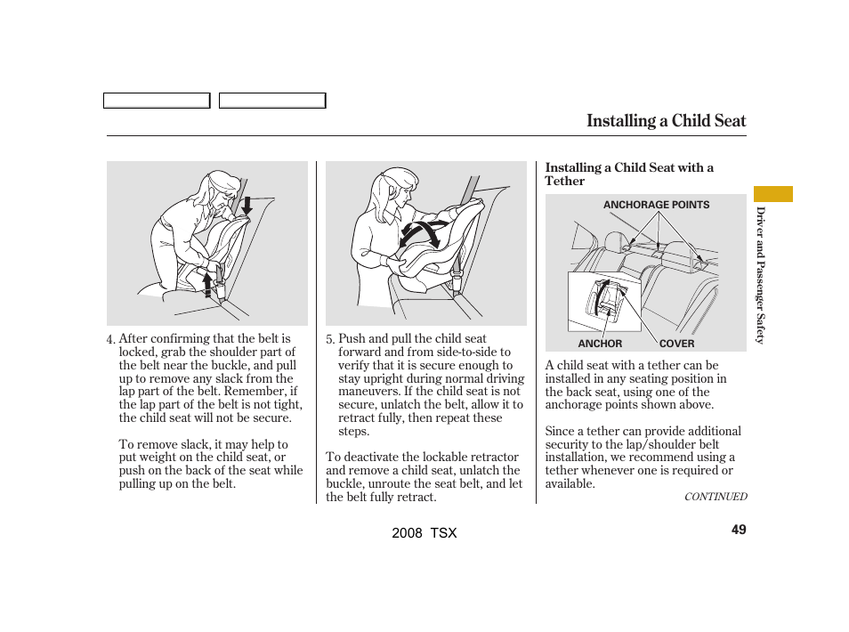 Installing a child seat | Acura 2008 TSX - Owner's Manual User Manual | Page 52 / 388