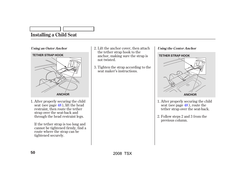 Installing a child seat | Acura 2008 TSX - Owner's Manual User Manual | Page 53 / 388