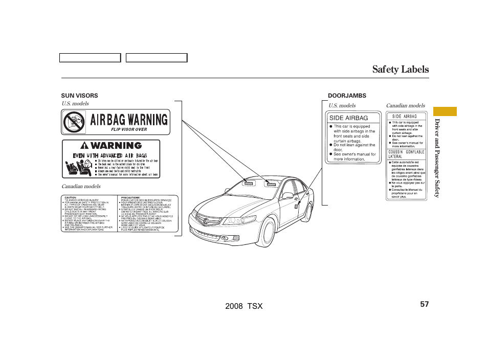Safety labels | Acura 2008 TSX - Owner's Manual User Manual | Page 60 / 388