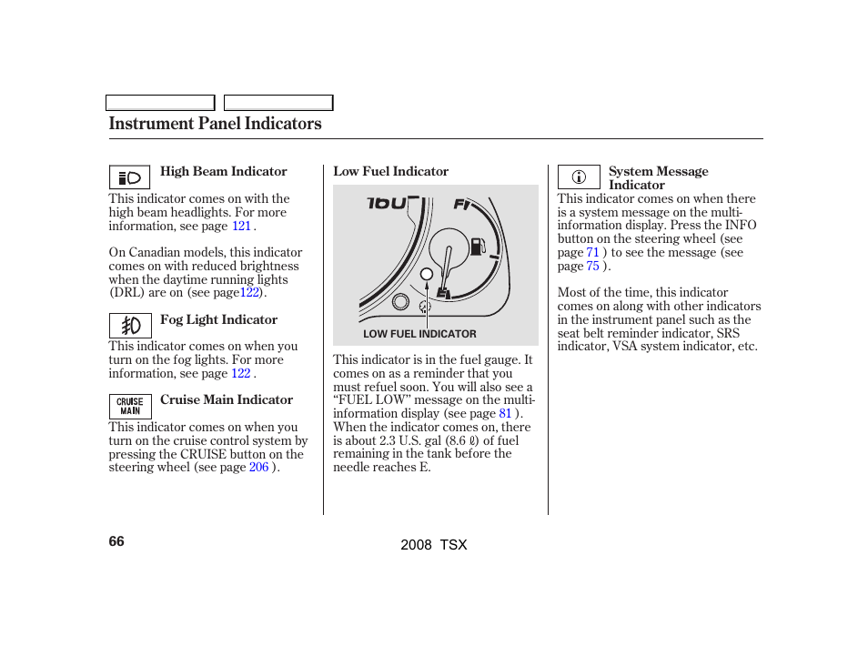 Instrument panel indicators | Acura 2008 TSX - Owner's Manual User Manual | Page 69 / 388