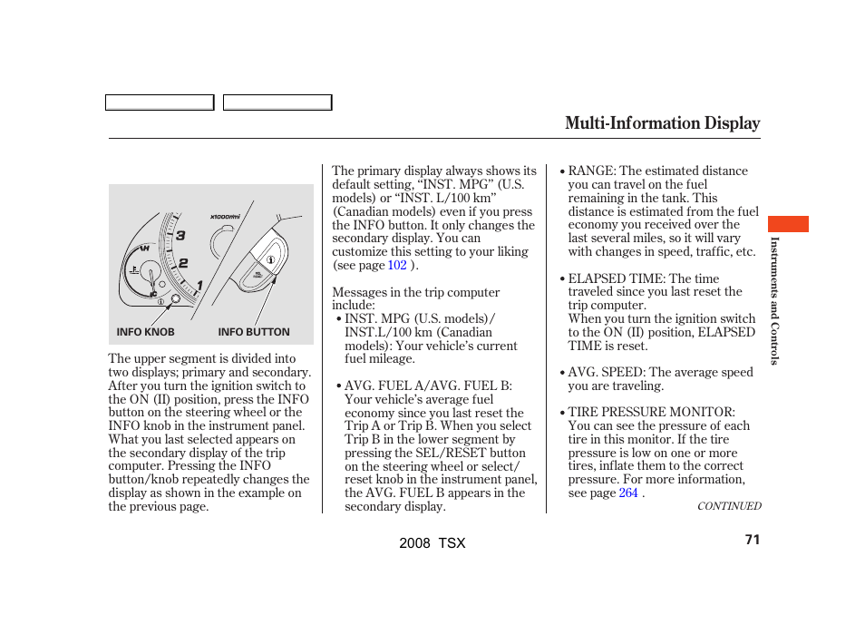 Multi-information display | Acura 2008 TSX - Owner's Manual User Manual | Page 74 / 388