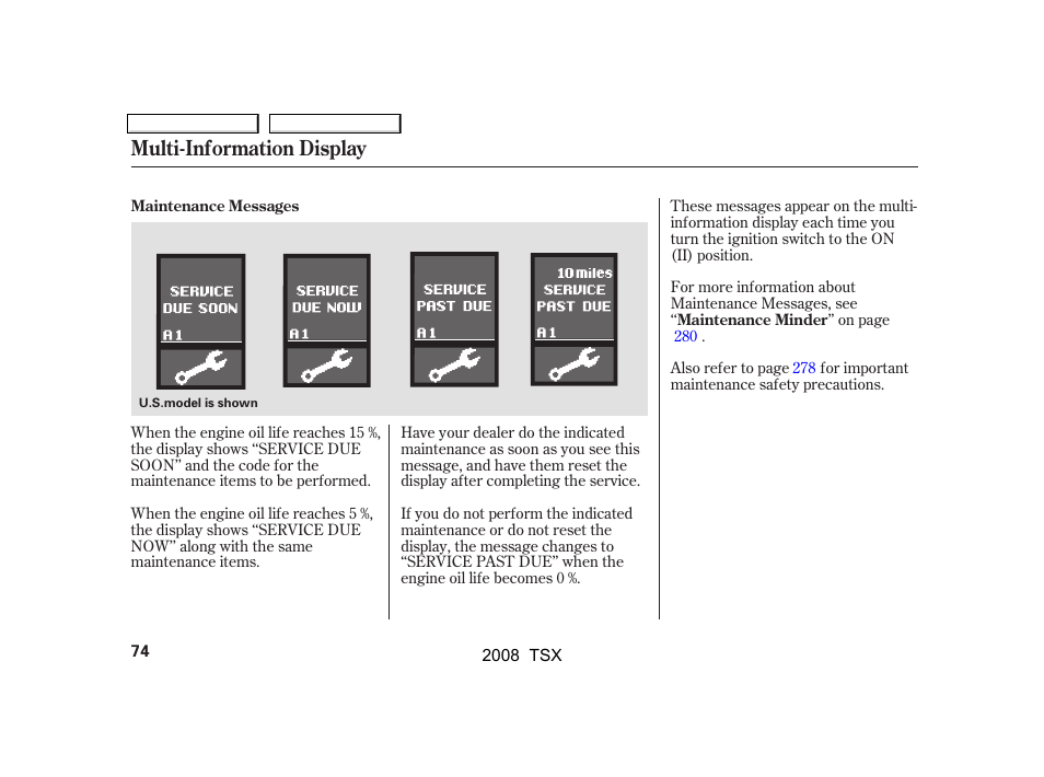 Multi-information display | Acura 2008 TSX - Owner's Manual User Manual | Page 77 / 388