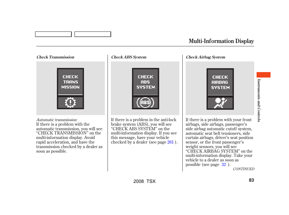 Multi-information display | Acura 2008 TSX - Owner's Manual User Manual | Page 86 / 388