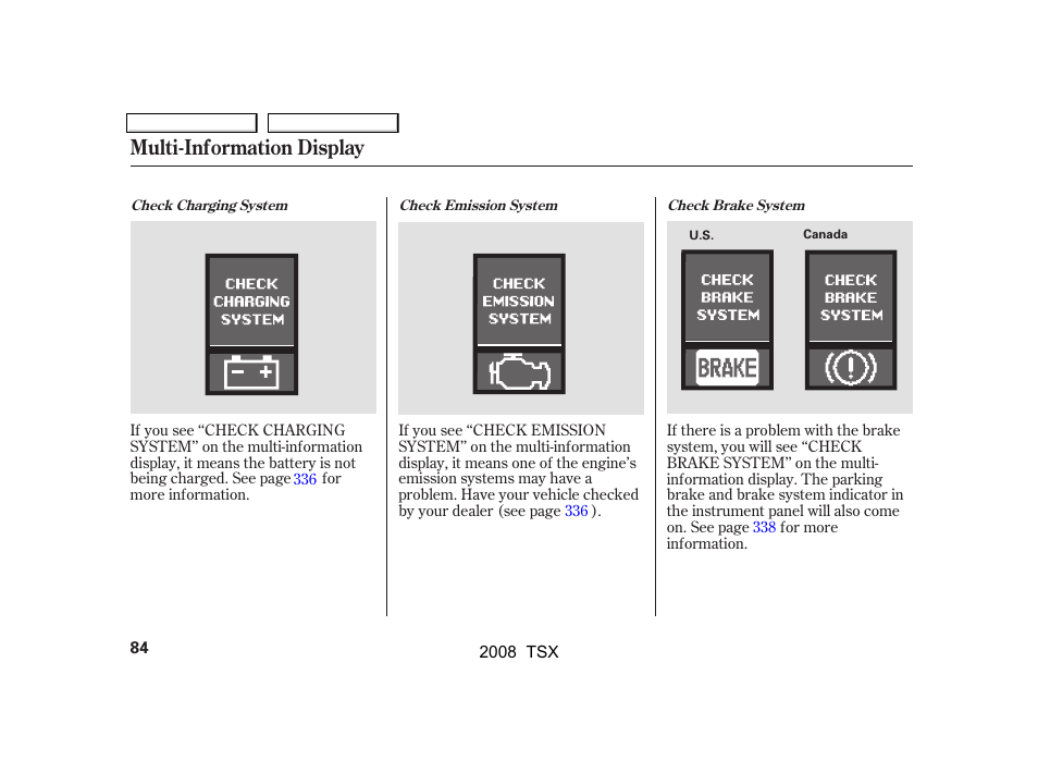 Multi-information display | Acura 2008 TSX - Owner's Manual User Manual | Page 87 / 388