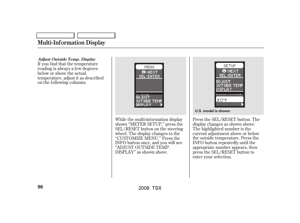 Multi-information display | Acura 2008 TSX - Owner's Manual User Manual | Page 99 / 388