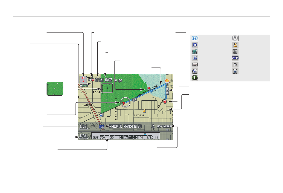 Driving to your destination, Map screen legend | Acura 2007 MDX - Navigation Manual User Manual | Page 55 / 166