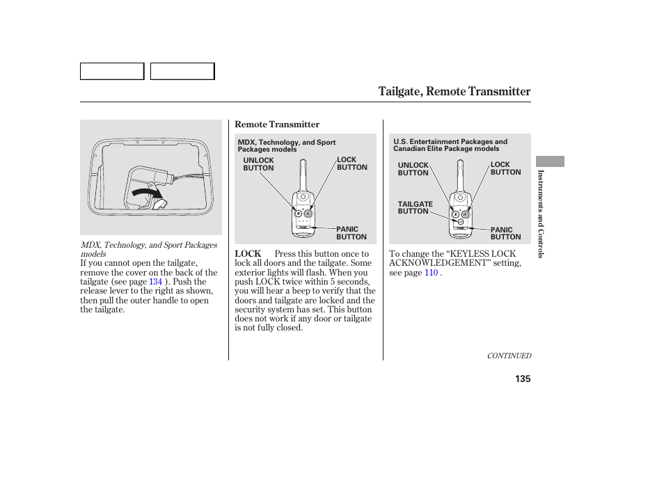Tailgate, remote transmitter | Acura 2007 MDX - Owner's Manual User Manual | Page 139 / 479
