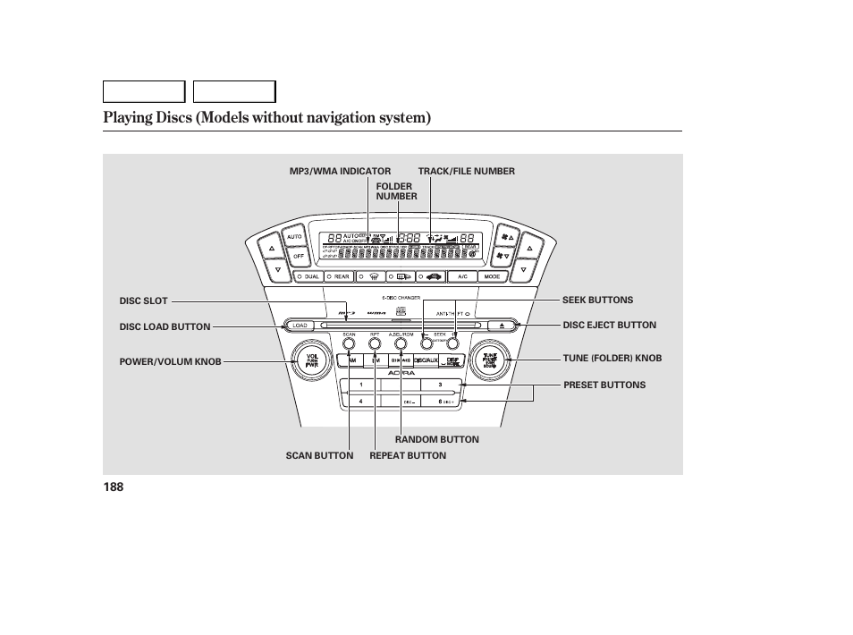 Playing discs (models without navigation system) | Acura 2007 MDX - Owner's Manual User Manual | Page 192 / 479