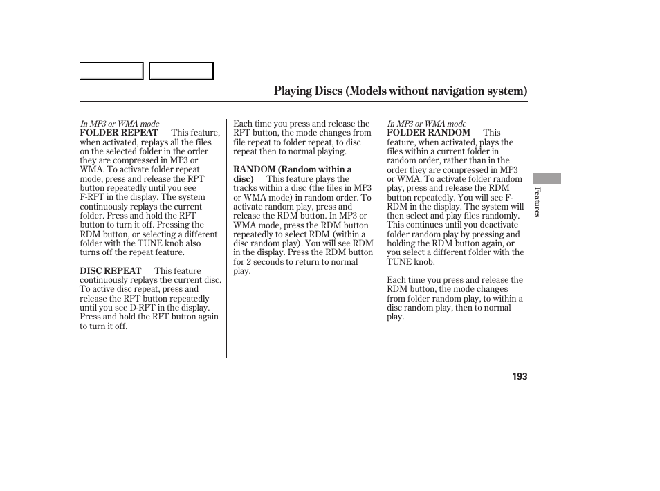 Playing discs (models without navigation system) | Acura 2007 MDX - Owner's Manual User Manual | Page 197 / 479