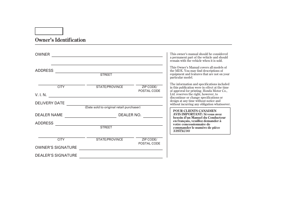 Owner's identification form, Owner’s identification | Acura 2007 MDX - Owner's Manual User Manual | Page 2 / 479