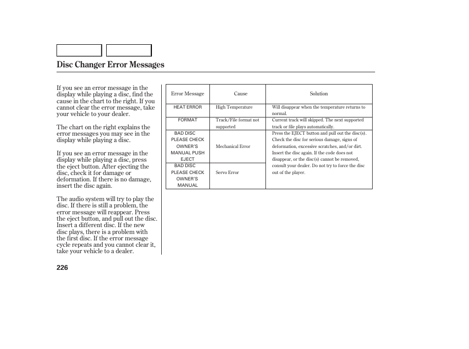 Disc changer error messages | Acura 2007 MDX - Owner's Manual User Manual | Page 230 / 479