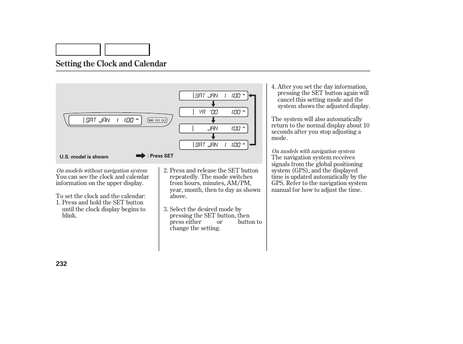 Setting the clock and calendar | Acura 2007 MDX - Owner's Manual User Manual | Page 236 / 479