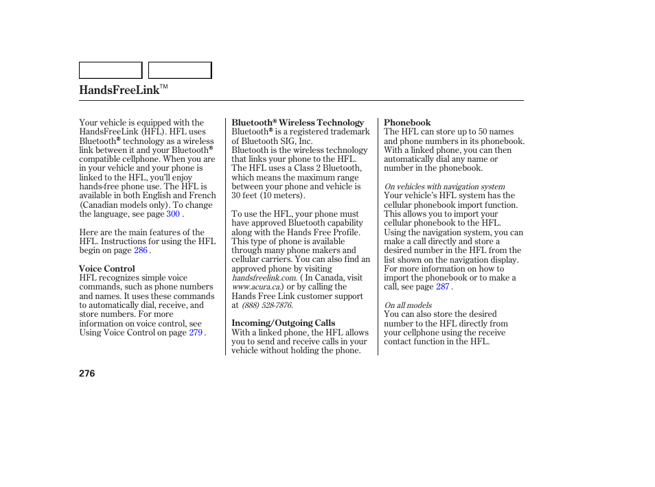 Handsfreelink | Acura 2007 MDX - Owner's Manual User Manual | Page 280 / 479