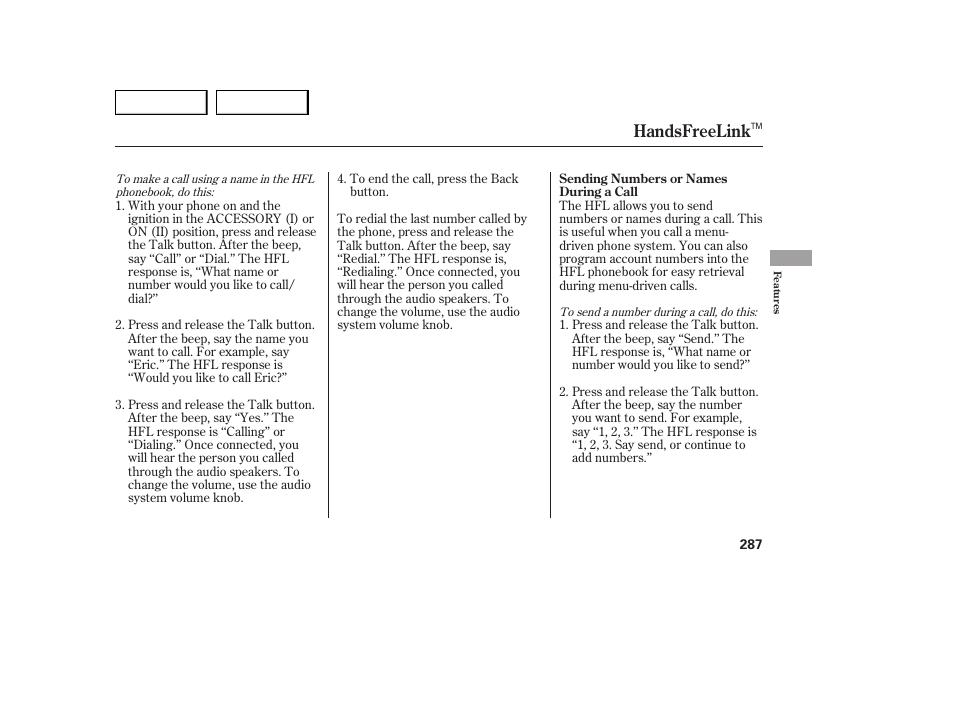 Handsfreelink | Acura 2007 MDX - Owner's Manual User Manual | Page 291 / 479