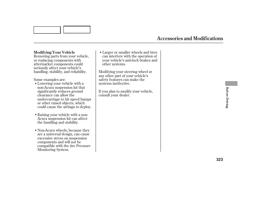 Accessories and modifications | Acura 2007 MDX - Owner's Manual User Manual | Page 327 / 479