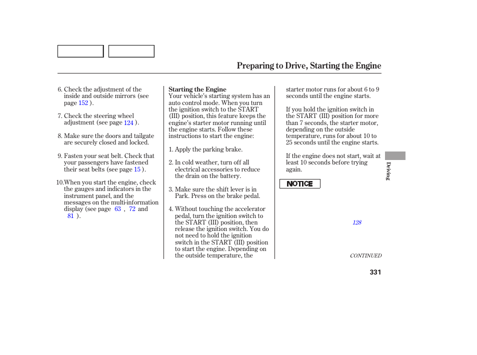 Preparing to drive, starting the engine | Acura 2007 MDX - Owner's Manual User Manual | Page 335 / 479