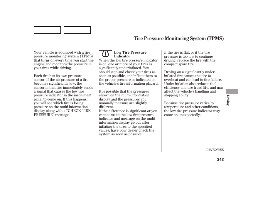 Tire pressure monitoring system (tpms) | Acura 2007 MDX - Owner's Manual User Manual | Page 347 / 479