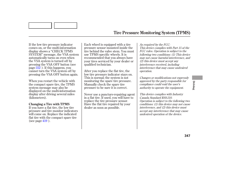 Tire pressure monitoring system (tpms) | Acura 2007 MDX - Owner's Manual User Manual | Page 351 / 479