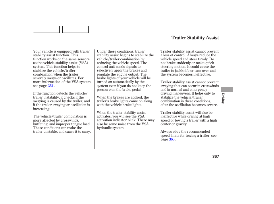 Trailer stability assist | Acura 2007 MDX - Owner's Manual User Manual | Page 371 / 479