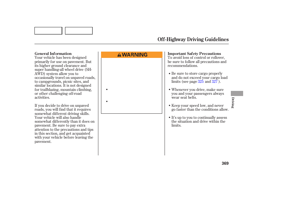 Off-highway driving guidelines | Acura 2007 MDX - Owner's Manual User Manual | Page 373 / 479