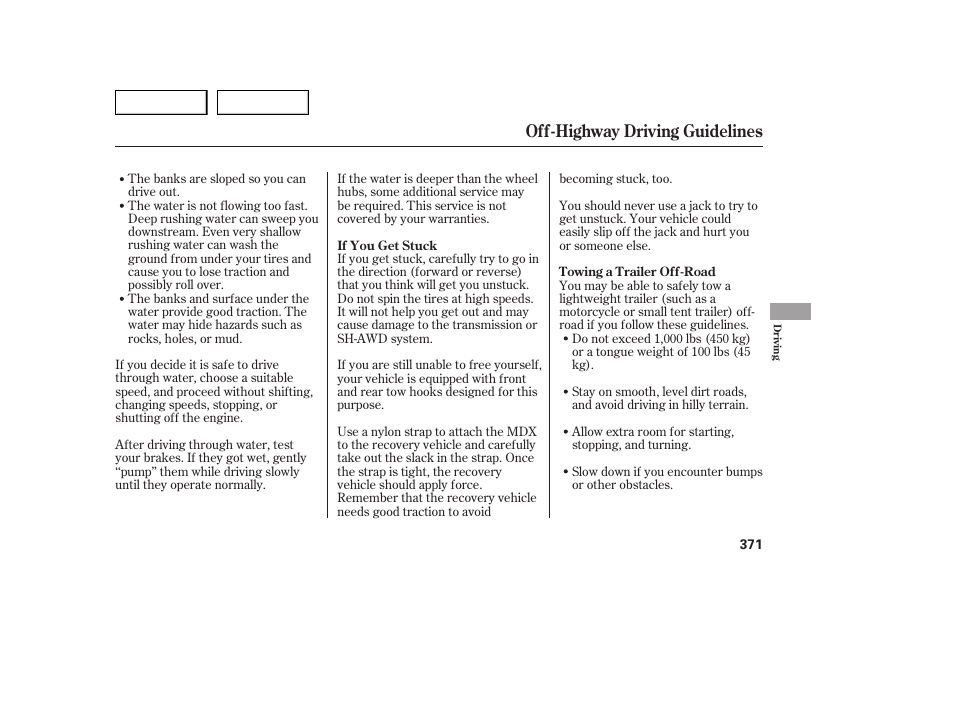 Off-highway driving guidelines | Acura 2007 MDX - Owner's Manual User Manual | Page 375 / 479