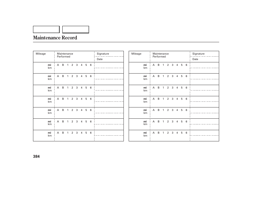 Maintenance record | Acura 2007 MDX - Owner's Manual User Manual | Page 388 / 479