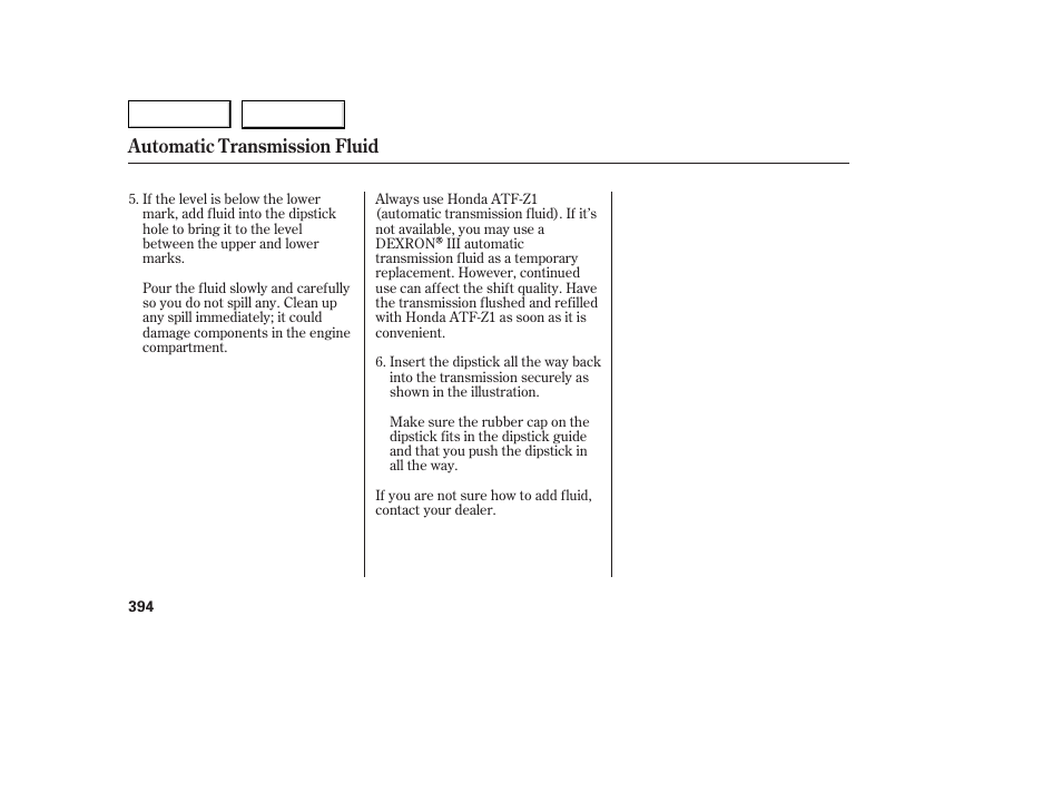 Automatic transmission fluid | Acura 2007 MDX - Owner's Manual User Manual | Page 398 / 479
