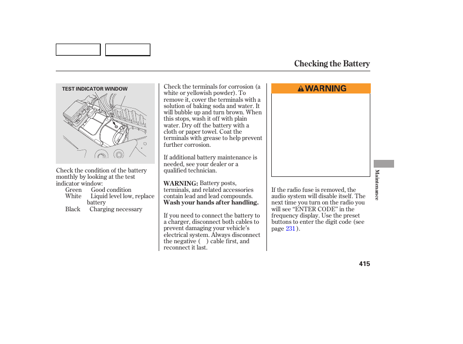 Checking the battery | Acura 2007 MDX - Owner's Manual User Manual | Page 419 / 479