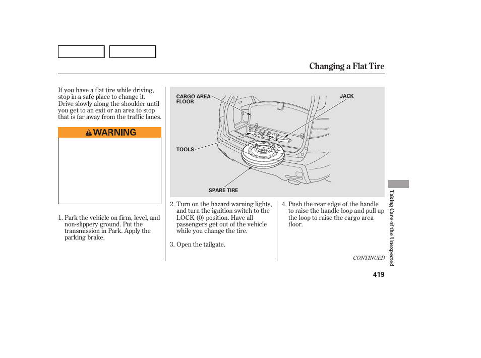 Changing a flat tire | Acura 2007 MDX - Owner's Manual User Manual | Page 423 / 479
