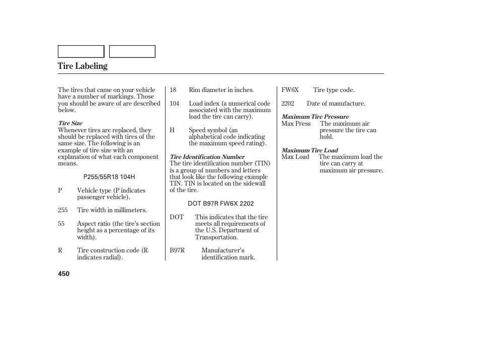 Tire labeling | Acura 2007 MDX - Owner's Manual User Manual | Page 454 / 479