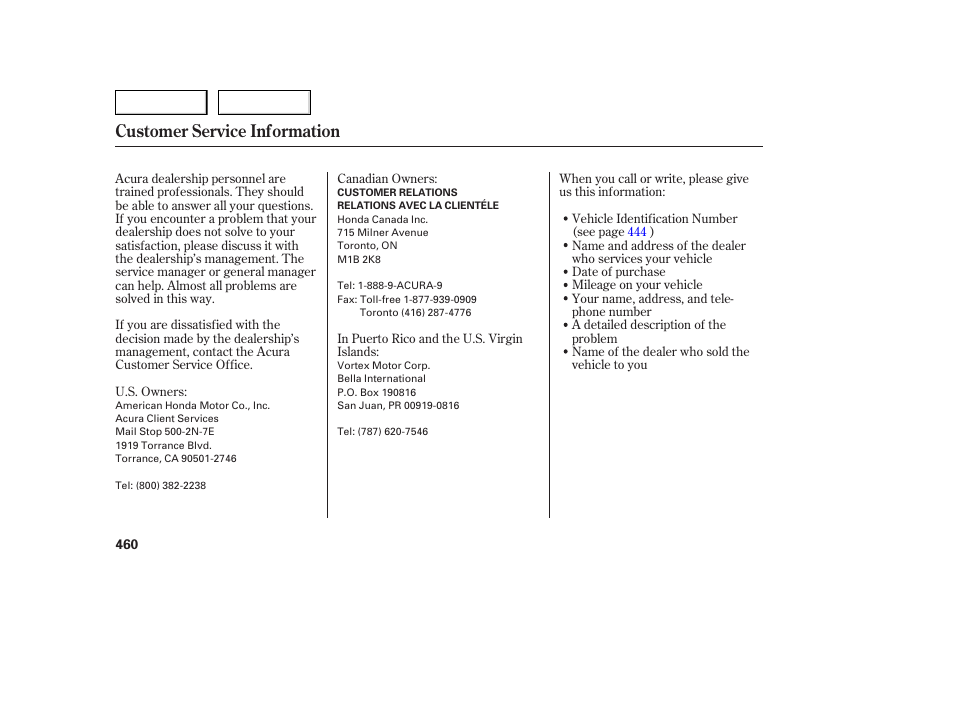 Customer service information | Acura 2007 MDX - Owner's Manual User Manual | Page 464 / 479