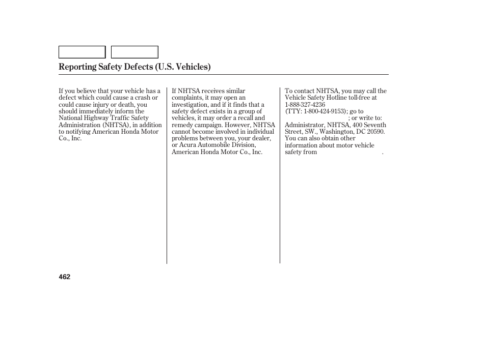 Reporting safety defects (u.s. vehicles) | Acura 2007 MDX - Owner's Manual User Manual | Page 466 / 479