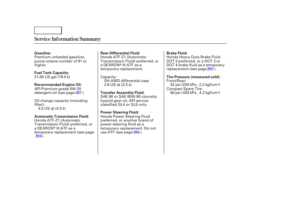 Service information summary | Acura 2007 MDX - Owner's Manual User Manual | Page 479 / 479