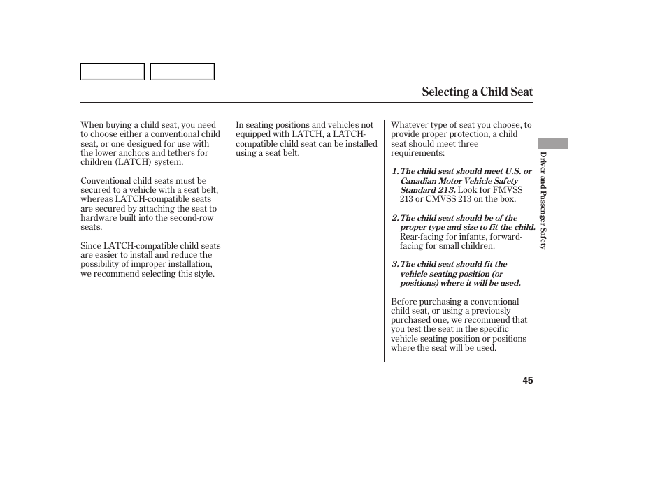 Selecting a child seat | Acura 2007 MDX - Owner's Manual User Manual | Page 49 / 479
