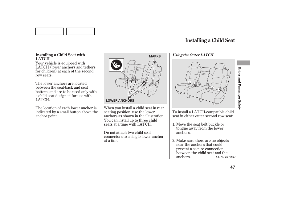 Installing a child seat | Acura 2007 MDX - Owner's Manual User Manual | Page 51 / 479