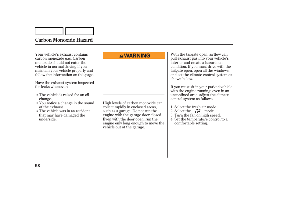 Carbon monoxide hazard | Acura 2007 MDX - Owner's Manual User Manual | Page 62 / 479