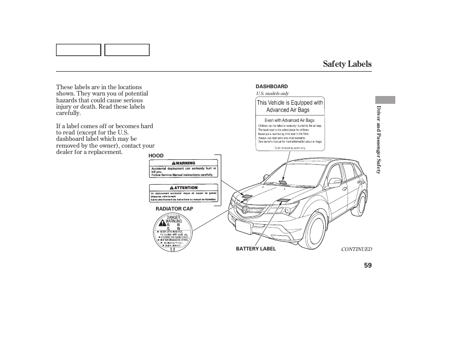 Safety labels | Acura 2007 MDX - Owner's Manual User Manual | Page 63 / 479