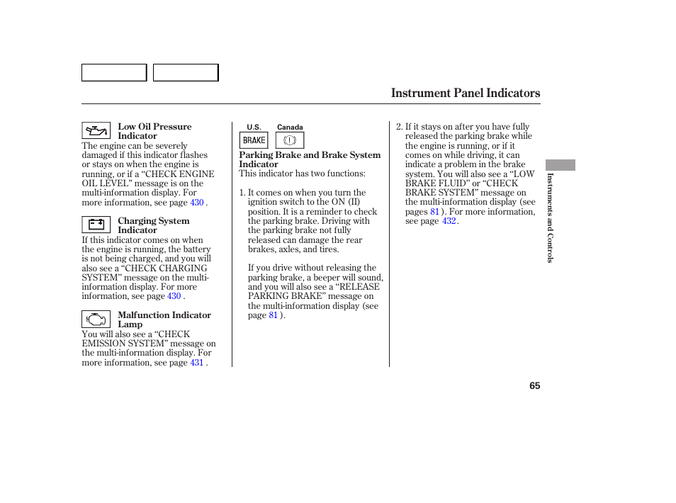 Instrument panel indicators | Acura 2007 MDX - Owner's Manual User Manual | Page 69 / 479