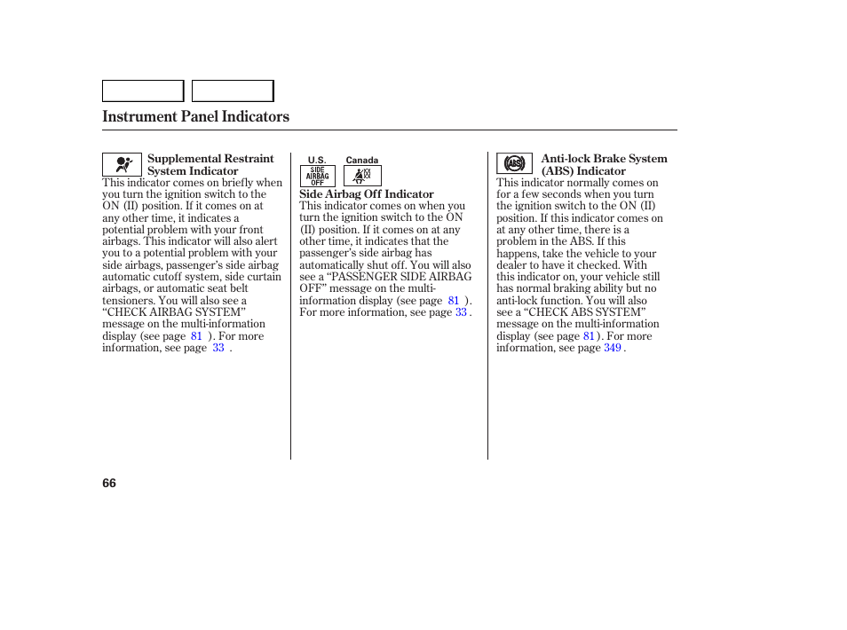 Instrument panel indicators | Acura 2007 MDX - Owner's Manual User Manual | Page 70 / 479