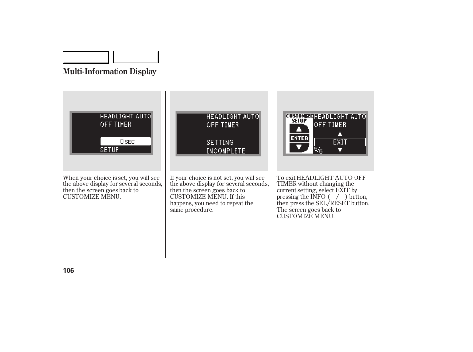 Multi-information display | Acura 2007 RDX - Owner's Manual User Manual | Page 110 / 442
