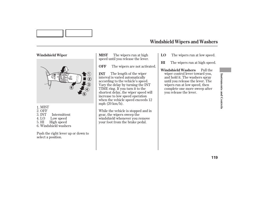 Windshield wipers and washers | Acura 2007 RDX - Owner's Manual User Manual | Page 123 / 442