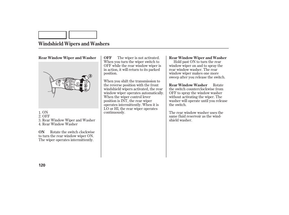 Windshield wipers and washers | Acura 2007 RDX - Owner's Manual User Manual | Page 124 / 442