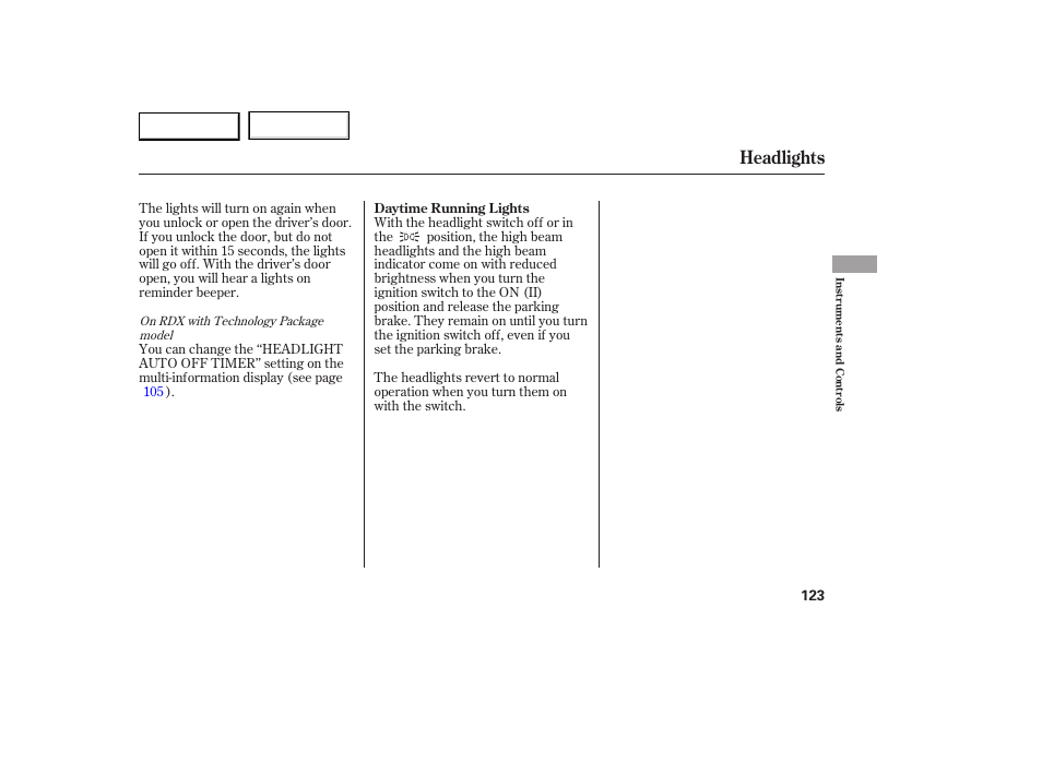 Headlights | Acura 2007 RDX - Owner's Manual User Manual | Page 127 / 442