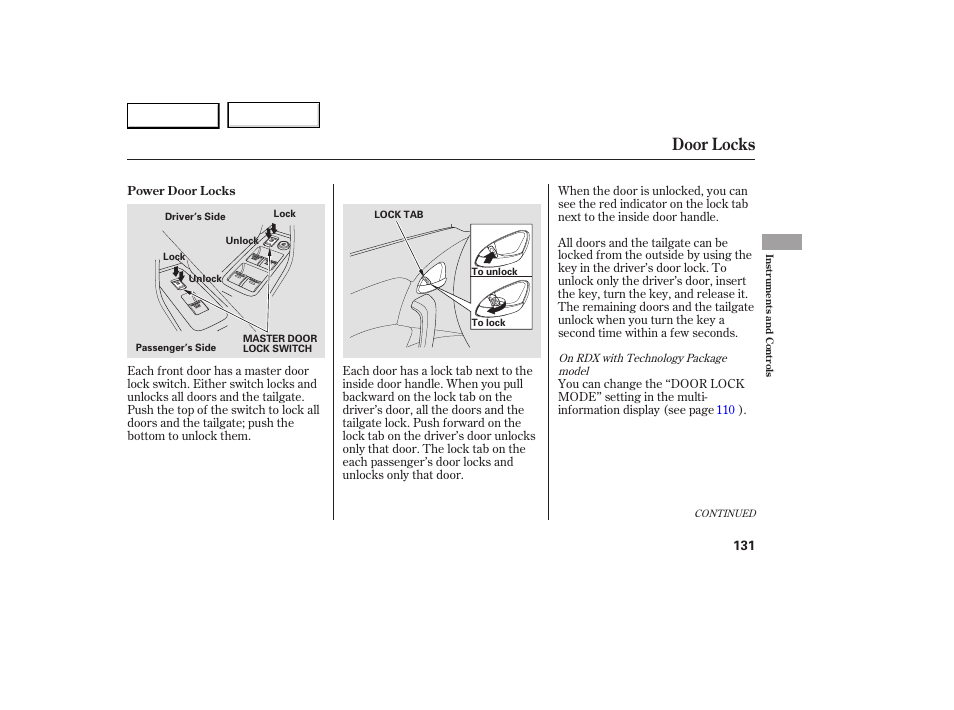 Door locks | Acura 2007 RDX - Owner's Manual User Manual | Page 135 / 442