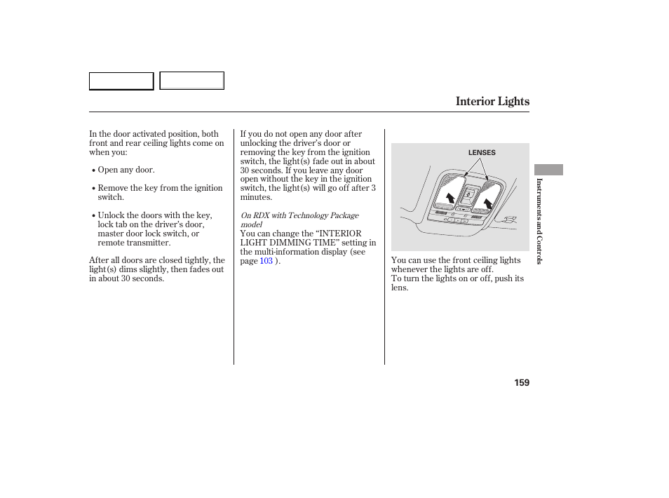 Interior lights | Acura 2007 RDX - Owner's Manual User Manual | Page 163 / 442