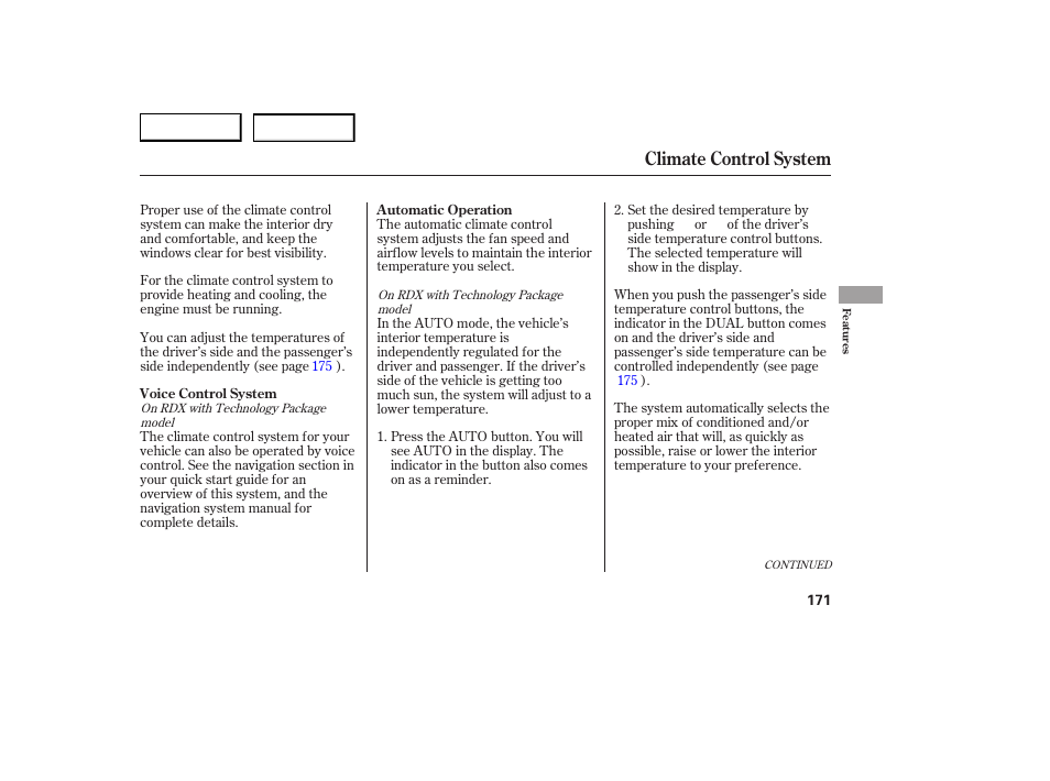 Climate control system | Acura 2007 RDX - Owner's Manual User Manual | Page 175 / 442
