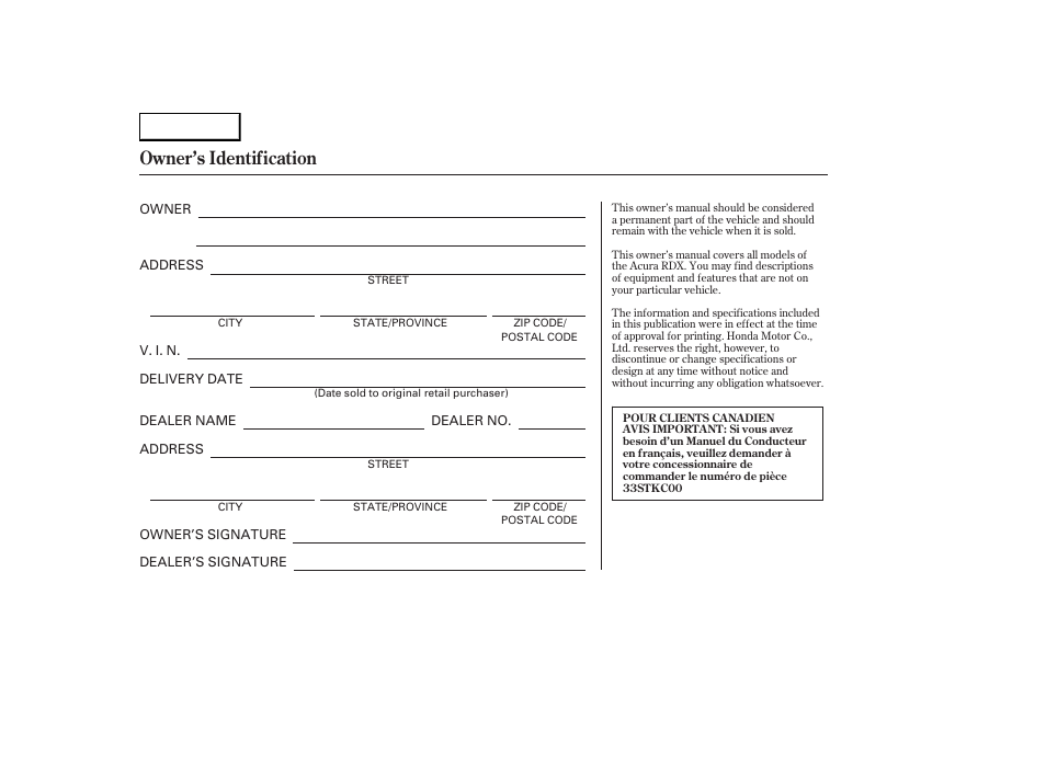 Owner's identification form, Owner’s identification | Acura 2007 RDX - Owner's Manual User Manual | Page 2 / 442